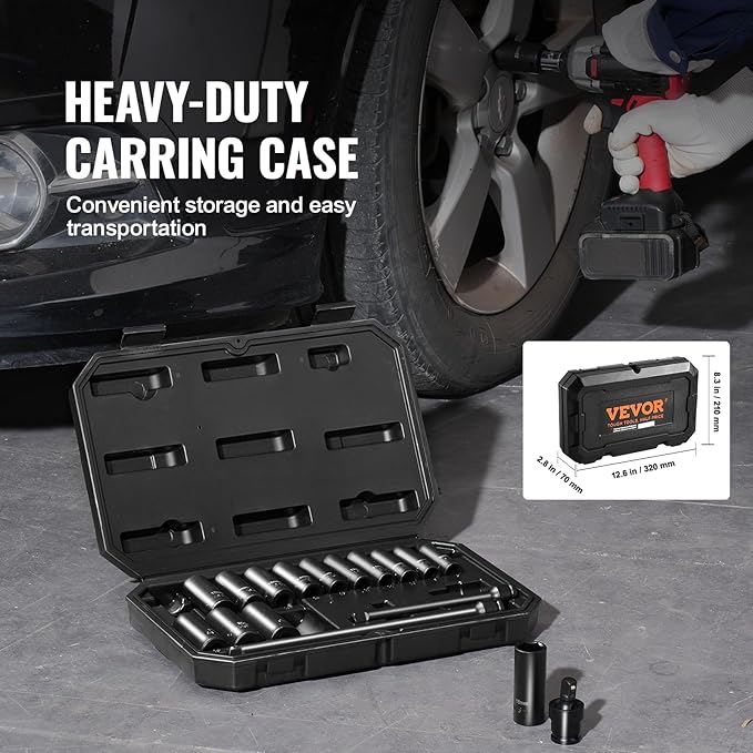 VEVOR Drive Impact Socket Set 3/8" - 18 Piece Deep Socket Set Metric 8-22mm - 6 Point CR-V Alloy Steel for Auto Repair - Easy-to-Read Size Markings - Rugged Construction Includes Storage Case