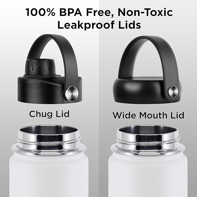 ThermoProof Hot & Cold Insulated Stainless Steel Water Bottle, Durable Leak Proof Gym Bottles for Men, Women & Kids, Double Walled Vacuum Bottles - 2 Lids (Black, 22oz)