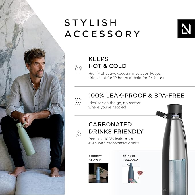 LARS NYSØM Stainless Steel Insulated Water Bottle 25oz 34oz | BPA-free Insulated Thermo Flask for Hot and Cold Beverages | Leakproof Drinking Bottle (Onyx Black, 34oz)