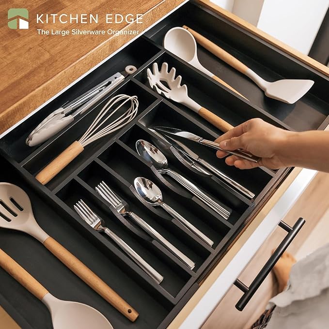 KitchenEdge Premium Silverware, Flatware and Utensil Organizer for Kitchen Drawers, Food-Safe Contract Grade, Expandable from 16 to 28 In, Black Bamboo