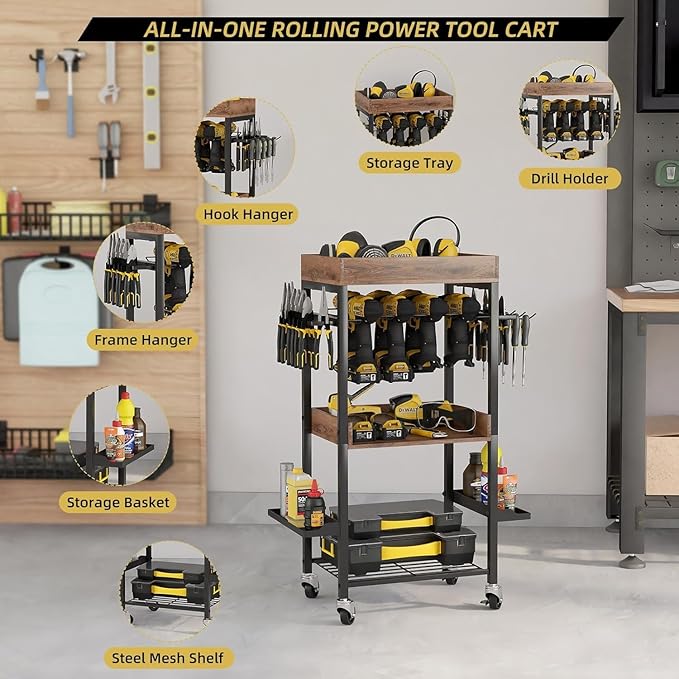 Power Tool Organizer Cart Metal Floor Standing Rolling Drill Rolling Tool Cart Box Organizer - 4 Layer Garage Storage Shelving with Wheels, for Workbench and Garage Gift for Men, Father.
