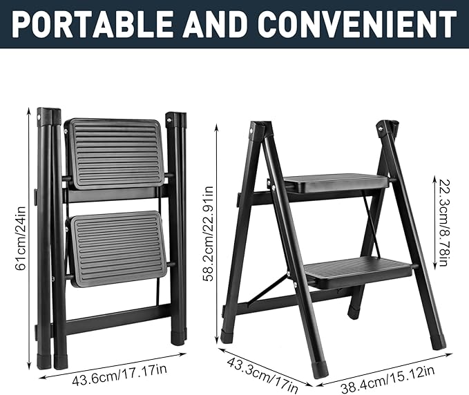 2-Step Ladder, Folding Step Stool for Kitchen/Closet/Garage, Sturdy & Lightweight Aluminum Handy Ladder, 250 lbs Capacity, Anti-Slip Pedals, Compact & Portable for Home DIY & Everyday Use