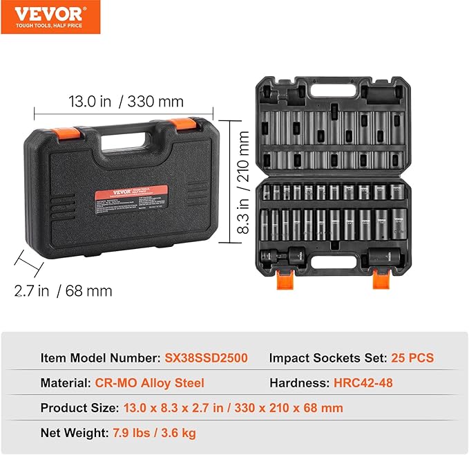VEVOR 3/8" Drive Impact Socket Set, 25 Piece Deep & Shallow Socket Set SAE 5/16" - 1", 6 Point Cr-Mo Alloy Steel for Auto Repair, Easy-to-Read Size Markings, Rugged Construction, Includes Storage Case