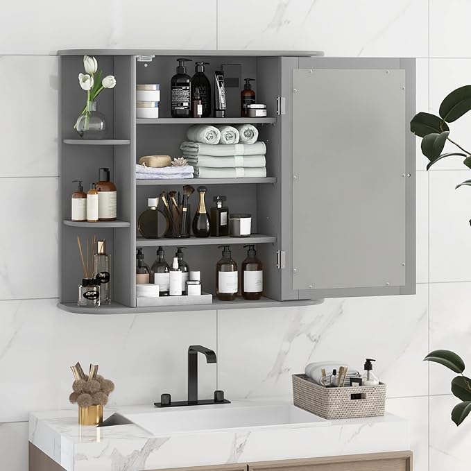 Tangkula Bathroom Medicine Cabinet with Mirror, Wall Mounted Home Storage with Door & 6 Open Shelves, Adjustable Shelves, Mirrored Bathroom Wall Cabinet (Gray)