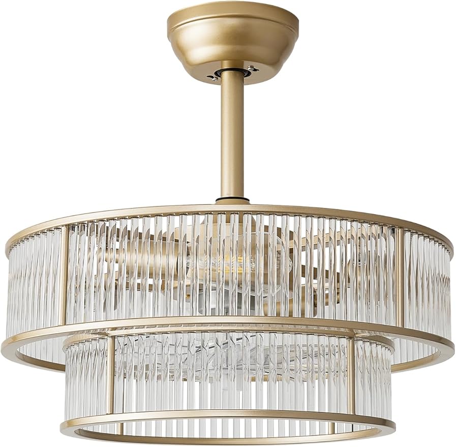 20" Gold Crystal fandelier Ceiling Fan with Lights,Gold Caged Chandelier Ceiling Fan with Light Remote Control,Enclosed Mid Century with 6 Speeds for Bedroom,Living Room,Nursery