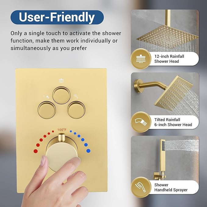 Brushed Gold Thermostatic Shower System with Ceiling 12-Inch Rainfall Shower & Wall Mount 6-Inch High Pressure Shower Head, Dual Shower Heads Set with Handheld Sprayer Full Body Shower Faucet