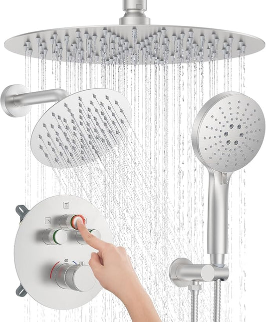 KOJOX Brushed Nickel Thermostatic Shower System, Push Button Diverter Shower Faucet Set with 12" Ceiling Mount Rain Shower, 8" Wall Mount Shower Head, and 3-in-1 Handheld Spray