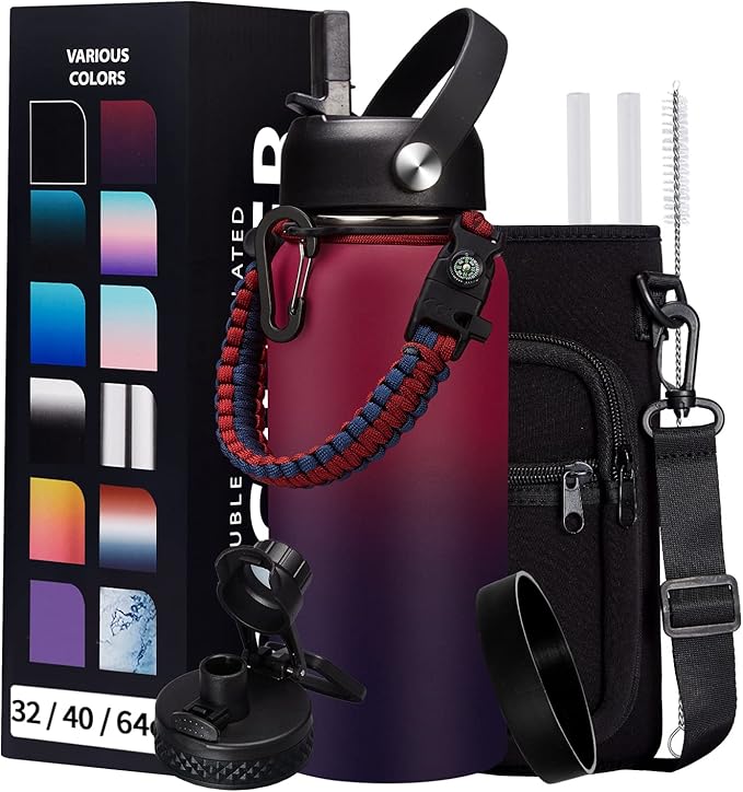 32OZ Insulated Water Bottle with Straw - Spout Lid, Sweat-Proof & BPA-Free Metal Reusable Water Bottles, Wide-Mouth Vacuum Insulated Bottle with Paracord Handle, Bottle Sleeve Bag & Protective Boot