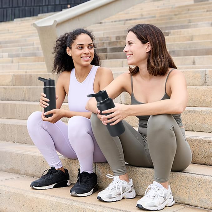 Stainless Steel Water bottle with Straw & Wide Mouth Lid, Wide Rotating Handle, 18oz Double Wall Vacuum Insulated Water Bottle Leak Proof, BPA Free, Keep Cold and Hot, 18oz, Black