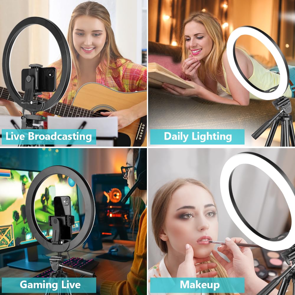 Sensyne 10'' Ring Light with 50'' Extendable Tripod Stand, LED Circle Lights with Phone Holder for Live Stream/Makeup/YouTube Video/TikTok, Compatible with All Phones
