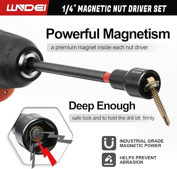 LLNDEI 1/4" Drive Socket Set & Nut Driver Set 44PCS, 1/4-Inch Sockets Deep&Shallow Metric(4-15mm) with Ratchet, 1/4" Hex Shank 6" Long Nut Drivers(6-14mm) for Impact Drill Bits(PH1 PH2)