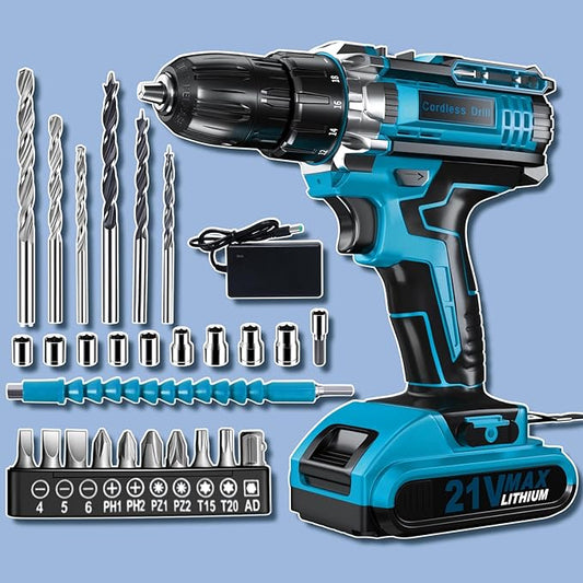 Cordless Drill Set, KELNOW 21V PowerDrill with Power Pack and Charger, 3/8-Inch Keyless Chuck ElectricDrill, 25+1 Position, 2 Speed, 27pcs Drilldriver Bits Tool Drills for DIY Projects