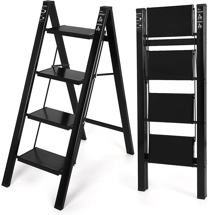 FAHKNS 4 Step Ladder, Aluminum Light Folding 4 Step Stool with Non-Slip Wide Pedal (7.9Inch), 330Lbs Capacity Stepping Stool, Step Ladder 4 Step Folding for Office,Household,Kitchen, Black