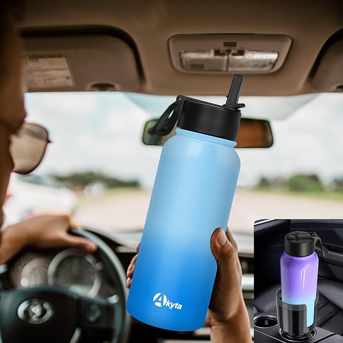 Insulated Water Bottles, 32oz Stainless Steel Water Bottle with Straw Lid,Handle Lid, Wide Mouth Double Walled Travel Sports Thermos Flask Water Bottle for Hiking, Fitness,Office