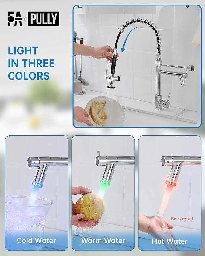 Fapully Kitchen Faucet with Pull Down Sprayer,Commercial Single Handle Kitchen Sink Faucet with LED Light Chrome
