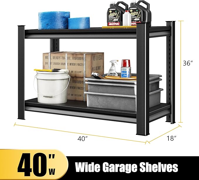 40" W Garage Shelving Heavy Duty, 960LBS Loads Garage Storage Shelves Heavy Duty, 2-Tier Metal Shelving Units and Storage Racks, Industrial Utility Shelf,40" Wx18 Dx36 H, Black