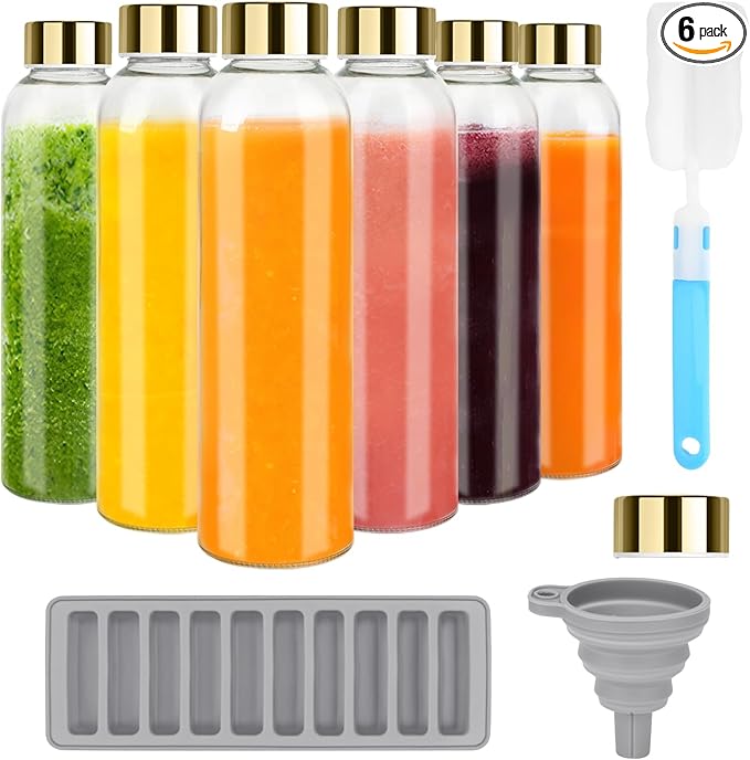Glass Juice Bottles with Lids for Juicing 18 oz, Reusable Clear Glass Water Bottles with Stainless Steel Airtight Cap for Refrigerator, 100% Leak Proof, BPA Free, Set of 6, Gold