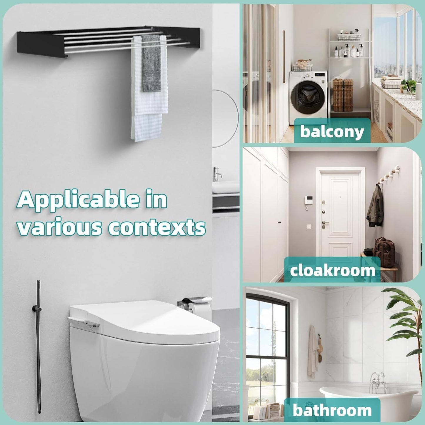 Laundry Drying Rack Collapsible, Wall Mounted Clothes Drying Rack. 39.37" Wide, 19.3 Linear Ft, 5 Aluminum Rods, with Wall Template, Screwdriver Bit (Black 1M)