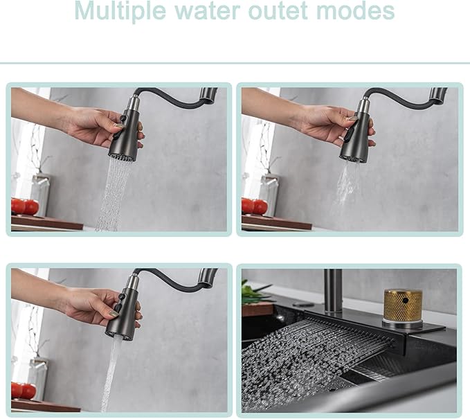 30"Kitchen Sink with Faucet Combo Waterfall Black Stainless Steel Waterfall Sink Kitchen Countertop Multi-Functional Sinks Farmhouse Undermount or Countertop Drop in