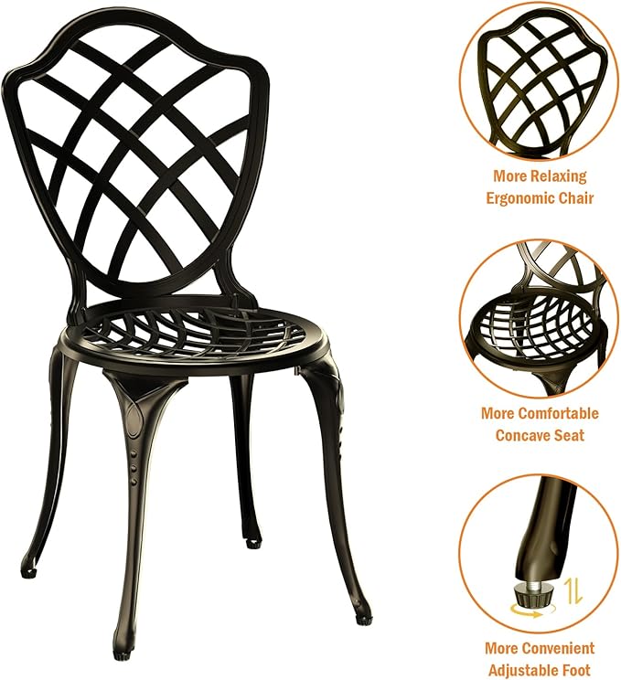 3 Piece Patio Bistro Set, Outdoor Bistro Table and Chairs Set of 2 w/Umbrella Hole, Rust-Resistant Cast Aluminum Bistro Set for Garden/Balcony/Backyard, Golden Bronze