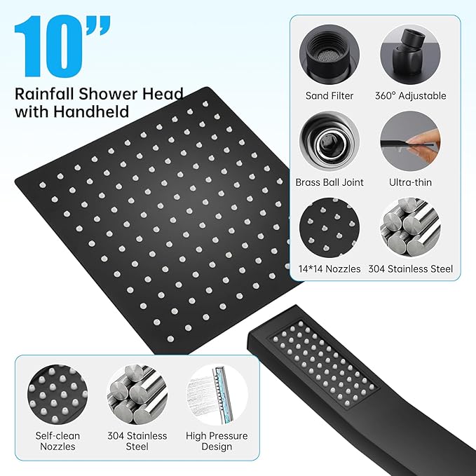 Rainfall Bathroom Shower System, 10-Inch Rain Shower Head and Handle Set, Wall Mounted Dual Shower Combo, All Metal Decorative Shower Luxury Kit Matte Black (with Shower Valve)