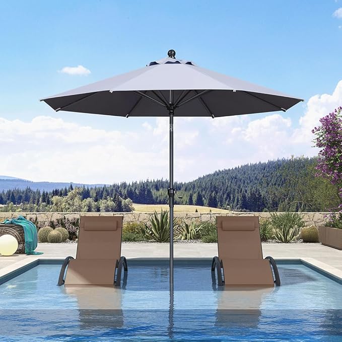 PURPLE LEAF 9' Round Patio Umbrella Outdoor Table Umbrella Aluminum Frame Market Umbrella Sun Umbrella with 8 Sturdy Ribs & Tilt for Garden Deck Lawn & Pool Light Gray