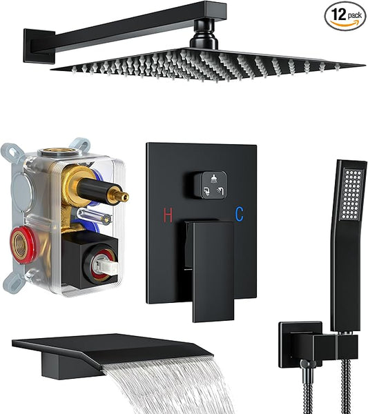 Shower System with Tub Spout, Shower Faucet Set with 10 Inch Rain Showerhead Handheld Shower and Tub Spout, Wall Mounted High-Pressure Showerhead Combo Set Included Valve and Trim, Matte Black