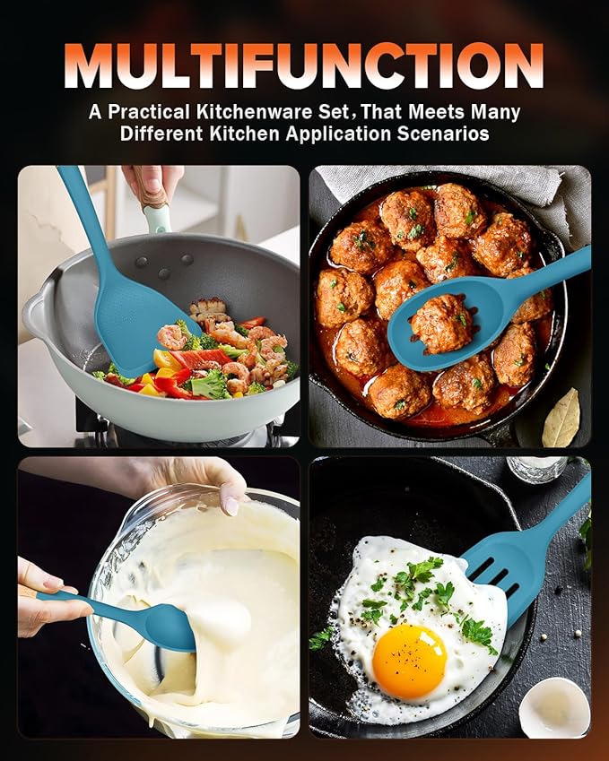 Silicone Cooking Utensils Set, Perfectly Angled for Frying, Mixing,Serving,Draining,Turning and Stirring, BPA-Free Matte Silicone, Wood Handles, Safe for Nonstick Cooking Surfaces,4 Pack (Blue)