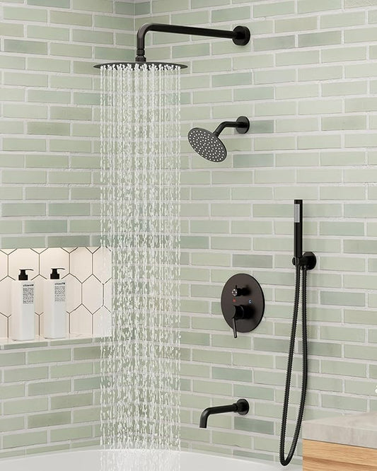 CASAINC 4 Functions Shower Faucet Set Wall Mounted Rainfall Shower System with 10" & 6" Dual Showerheads,Handheld and Bathtub Spout, Matte Black