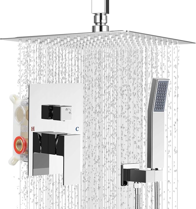 Ceiling Mount Shower Faucet Set Square Showerhead Bathroom Rainfall Shower System Stainless Steel Shower Trim Kit 10 Inches (Chrome)