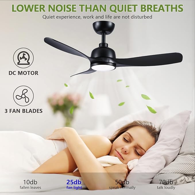 42 Inch Black Ceiling Fan with Light, Remote Control, 3 Color Changing, Dimmable, Reverse Function, Quiet, 6 Speed, Ideal for Living Room, Bedroom, Balcony