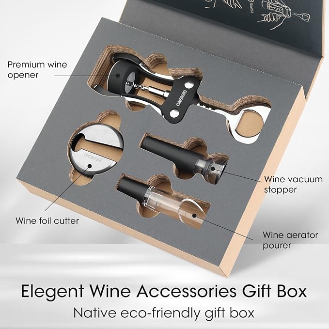 Wine Opener Gift Set Premium Wing Corkscrew Wine Bottle Opener with Multifunctional Bottles Opener, Wine Foil Cutter, Wine Vacuum Stopper, Wine Aerator Pourer Upgrade for Wine Lovers Man Woman, Black