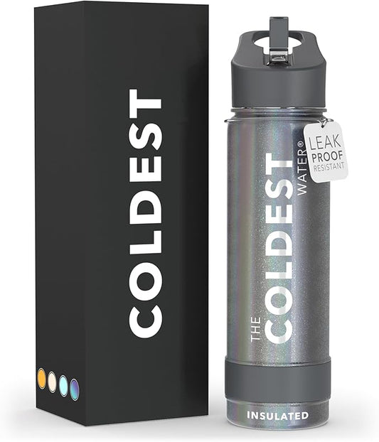 Coldest Sports Water Bottle with Straw Lid Vacuum Insulated Stainless Steel Metal Thermos Bottles Reusable Leak Proof Flask for Sports Gym (24 oz, Stardust Glitter)