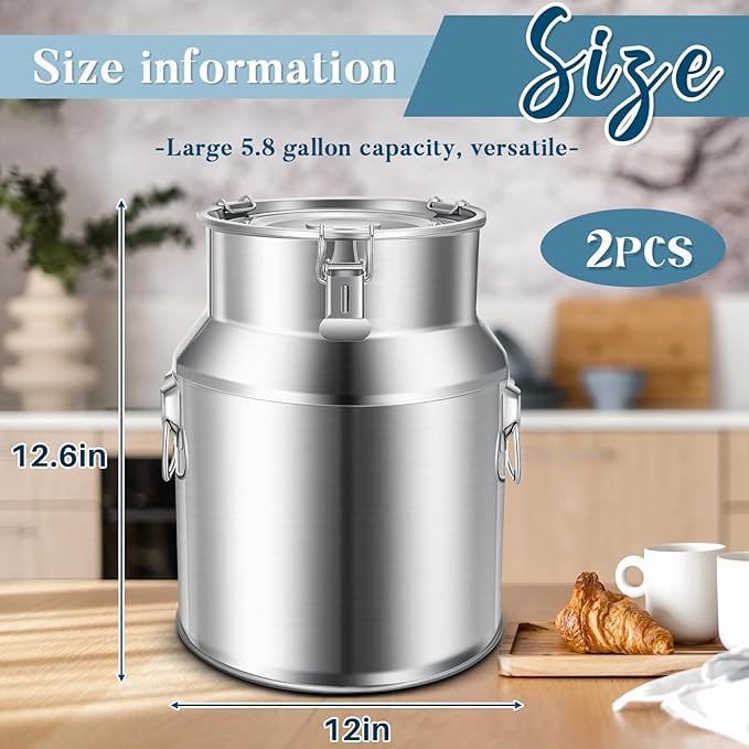 Suclain 2 Pcs Stainless Steel Milk Can Milk Bucket Metal Milk Jug with Sealed Lid and Carry Handle Tote Jug for Milk, Wine, Water, Liquid Tote Pail Storage Transport (22 Liters)