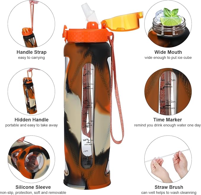 GOPPUS Glass Water Bottles with Straw and Flip Lid, Motivational Water Bottles with Time Marker Reminder and Silicone Sleeve, Leakproof, BPA Free (32 oz, Leopard Orange)