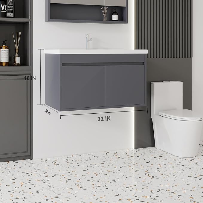 32'' Bathroom Vanity with Ceramic Sink Combo, Wall Mounted Small Bathroom Vanity with Soft-Close Door Modern Floating Cabinet, Pop-up Drain, P-Trap Included, Gray(No Faucet)