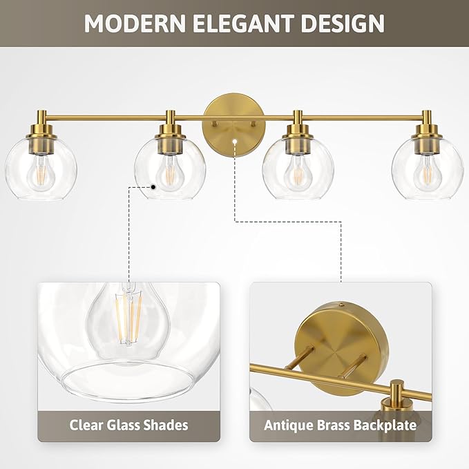 VONLUCE Bathroom Light Fixtures, 4-Light Vanity Light with Globe Glass Shades E26 Sockets, Bathroom Lights Over Mirror for Bedroom Hallway Living Room, Gold Finish