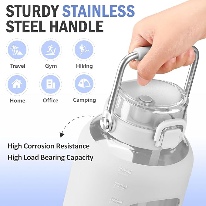 84oz Glass Water Bottle with Stainless Steel Handle,2.5L Gallon Water Bottle With 2-IN-1 Straw Lid, Silicone Sleeve and Motivational Capacity Marker, Wide Mouth Water Jug For Gym, Workout, White