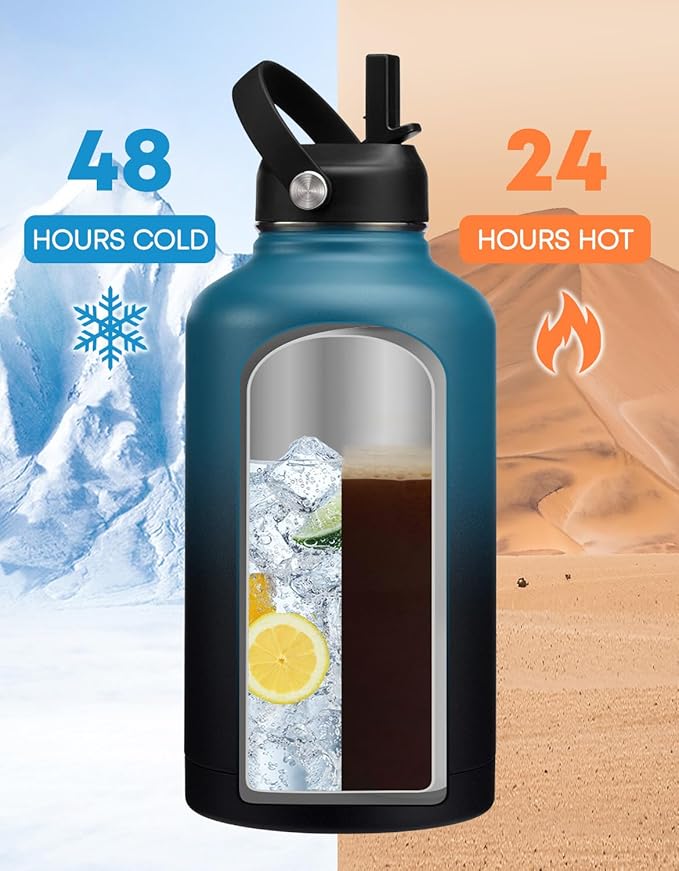Stainless Steel 64 oz Water Bottle with Straw - Leakproof Insulated Flask for Hiking Camping Cycling