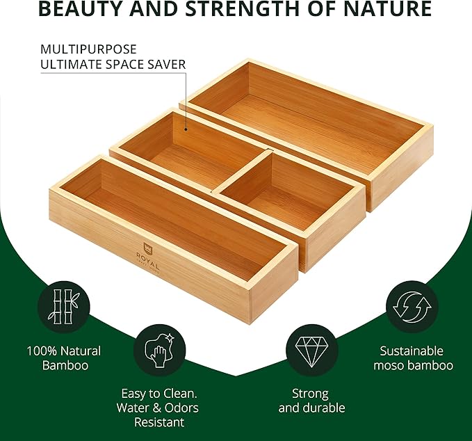 ROYAL CRAFT WOOD Luxury Bamboo Drawer Organizer Storage Box, Bin Set - Multi-Use Drawer Organizer for Kitchen, Bathroom, Office Desk, Makeup, Jewelry (3 Boxes)