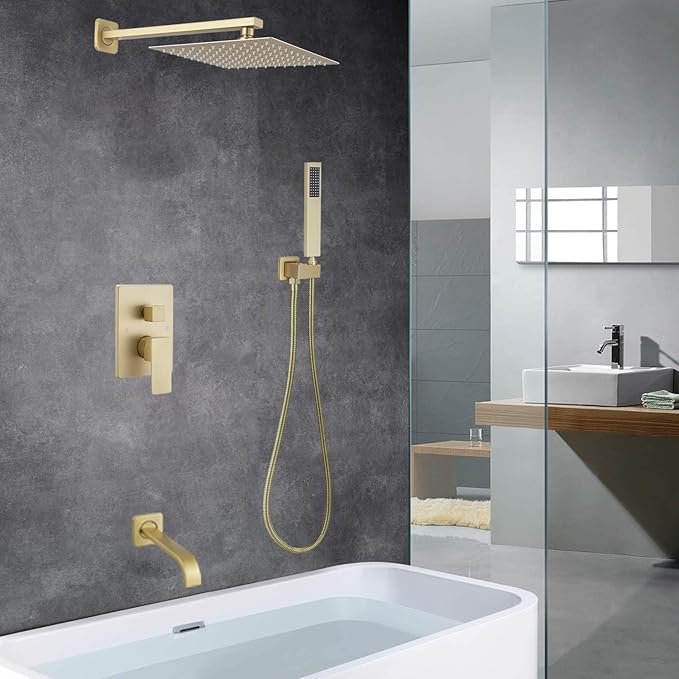 Brushed Gold Shower Faucet Set with Tub Spout Bathroom Rainfall 10 Inch Shower Head System with Handheld Single Handle Shower Trim Kit with Rough-in Valve