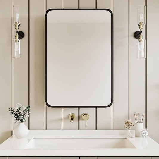 Vintage-Style Bathroom Wood Black Cabinet with 17.5''x29'' Black Metal Frame Curved Mirror, Recessed Medicine Cabinet, Bathroom Storage Cabinet