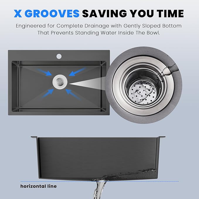 POPFLY Kitchen Sink, 28×20 Inch Drop In 18 Gauge Handmade SUS 304 Top mount Stainless Steel 9 Inch Deep Single Bowl Kitchen Sinks, Black