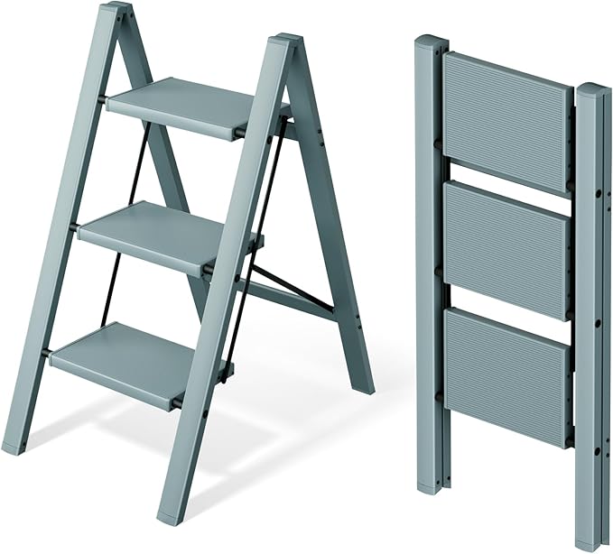 3 Step Ladder,Aluminum Folding Step Stool for Adults,Step Ladder with Wide Anti-Slip Pedal,330 lbs Capacity for Home,Office,Kitchen,Library(Blue)