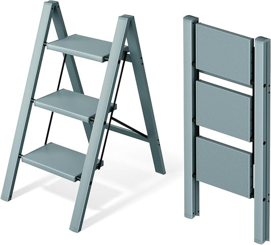 3 Step Ladder,Aluminum Folding Step Stool for Adults,Step Ladder with Wide Anti-Slip Pedal,330 lbs Capacity for Home,Office,Kitchen,Library(Blue)