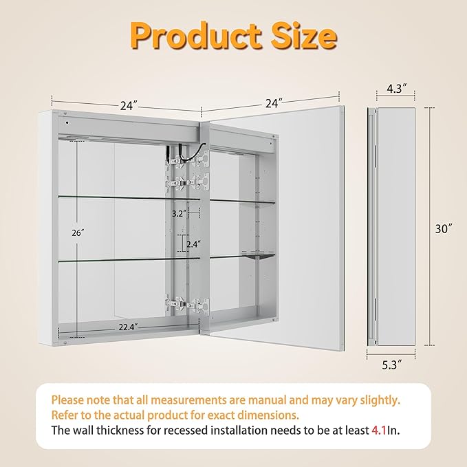 24x30In Medicine Cabinet with Lights, Recessed or Wall Mount LED Medicine Cabinet Mirror for Bathroom, with Defog, 3 Color Temperature & Stepless Dimming, Double Sockets & USBs(Right Door)