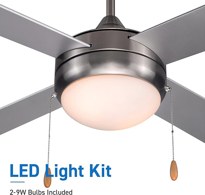 COMMERCIAL COOL 52” Modern Ceiling Fan with Lights, Cools up to 350 Sq. Ft., Perfect for Large Rooms, Featuring 3 Air Flow Speeds with Dual Chain, 4 Plywood Blades in Silver