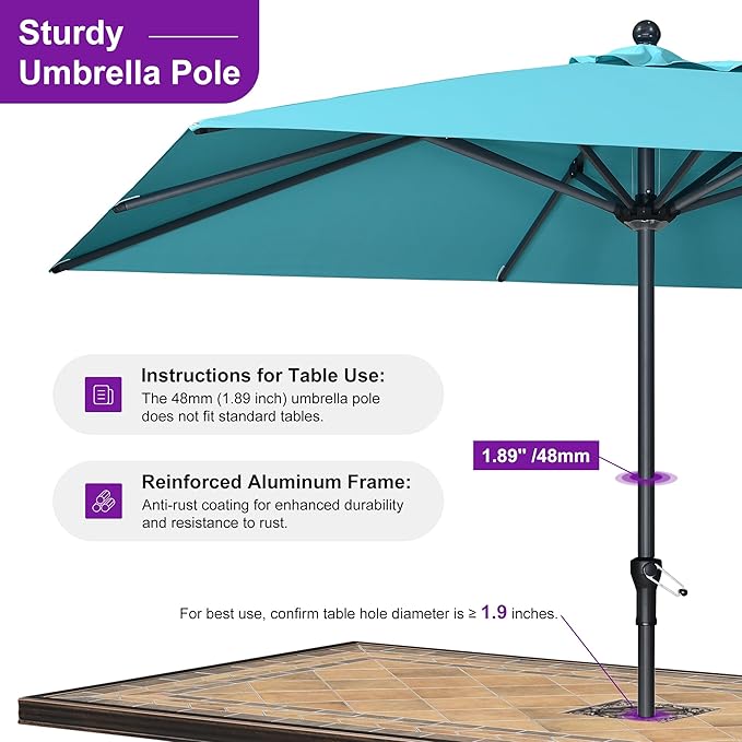 PURPLE LEAF 10' x 10' Square Patio Umbrella Outdoor Table Umbrella Aluminum Frame Market Umbrella Sun Umbrella with 8 Sturdy Ribs for Garden Deck Lawn Pool Turquoise Blue