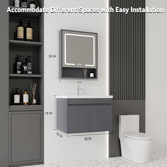 28'' Bathroom Vanity with Ceramic Sink Combo and Medicine Cabinet Mirror with Led Light/Defog, Wall Mounted Small Bathroom Vanity with Soft-Close Door Modern Floating Cabinet, Gray(No Faucet)