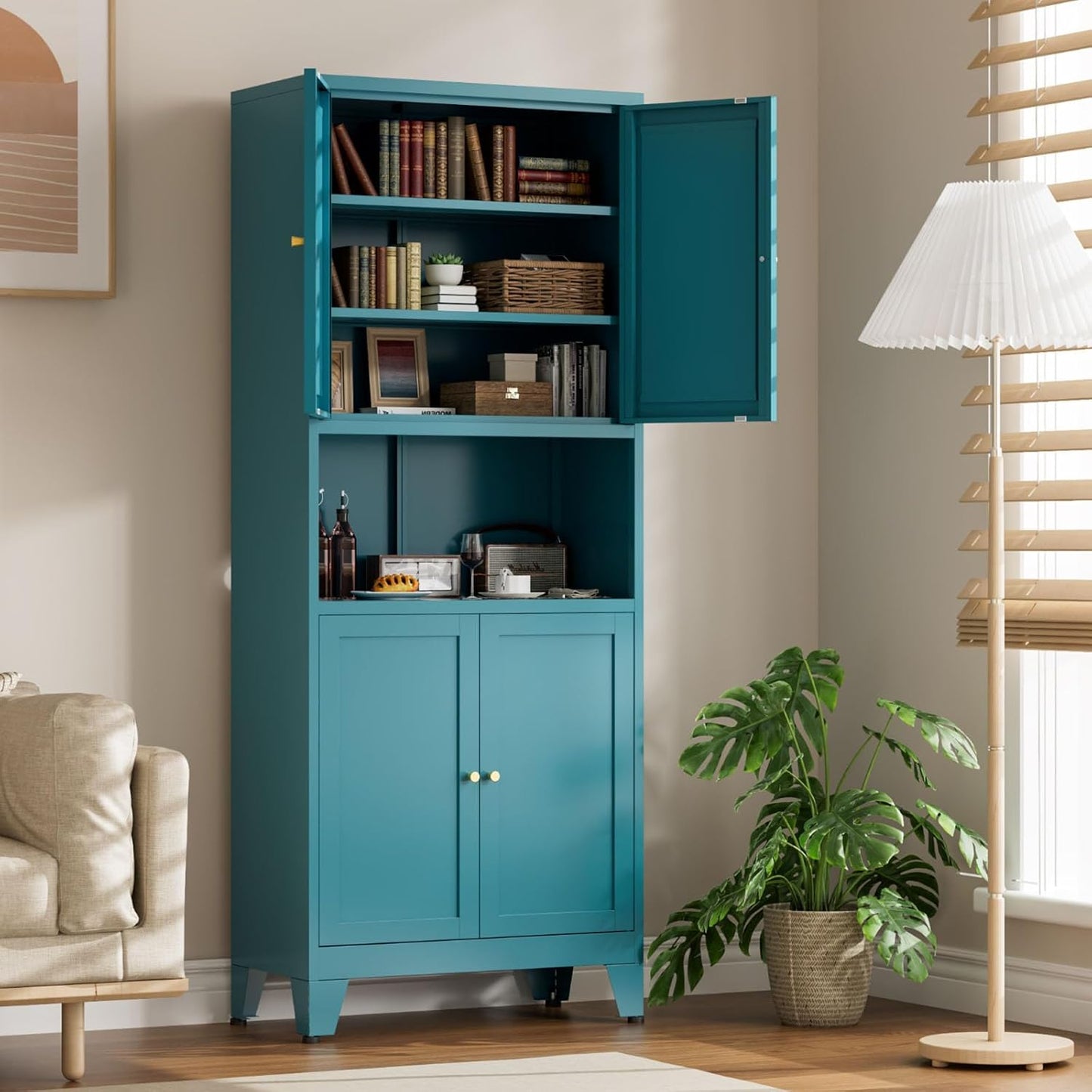 69" Tall Kitchen Pantry Cabinet, Metal Storage Cabinet with 4 Doors and Adjustbale Shelves, Freestanding Cupboards for Dining Room, Living Room, Bathroom